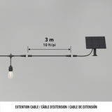 A solar panel connected to a hanging lightbulb with a 3-meter (10-foot) extension cable. The length is indicated by a double-headed arrow and text. The image includes captions in English, French, and Spanish.