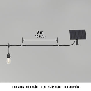 Diagram showing a 3-meter (10 ft) extension cable connecting Blaze 20 LED Outdoor Solar String Lights by Artika to a solar panel, with labels in English, French, and Spanish.