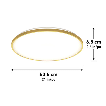 Artika’s Europa 21 in. LED modern flush mount light with a gold rim is shown with dimension arrows and labels, measuring 53.5 cm (21 in.) in diameter and 6.5 cm (2.6 in.) high, and includes a remote control.