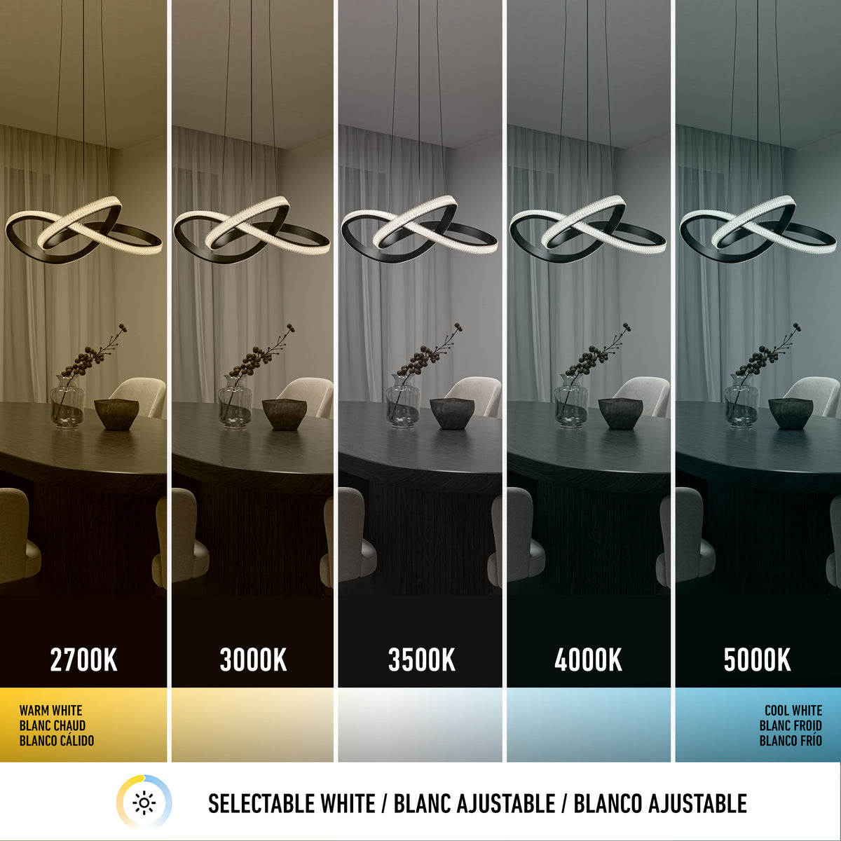 A modern dining room with a looped pendant light over a round table is shown in five lighting temperatures: 2700K (warm), 3000K, 3500K, 4000K, and 5000K (cool), illustrating selectable white lighting.