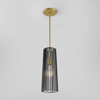 The Artika Gatsby Mini modern mid-century pendant light features a gold ceiling mount and rod, with a black metal cage-style shade encasing an exposed bulb, set against a plain white background.