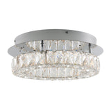 A modern round ceiling light fixture with two concentric rings of faceted clear crystals set in a silver metallic frame, designed for a contemporary interior space.