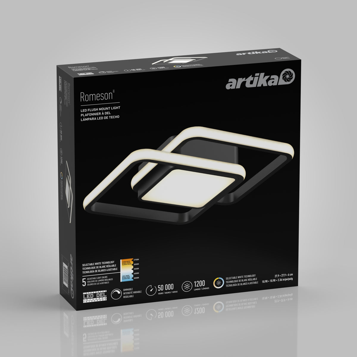 A box for the Artika Romeson 11 in. LED modern flush mount light 5 CCT displays an image of the geometric fixture, product details, and specifications on a black background.