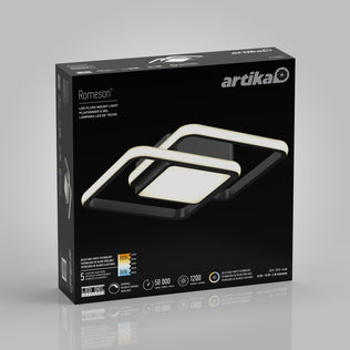 A box for the Artika Romeson 11 in. LED modern flush mount light 5 CCT displays an image of the geometric fixture, product details, and specifications on a black background.