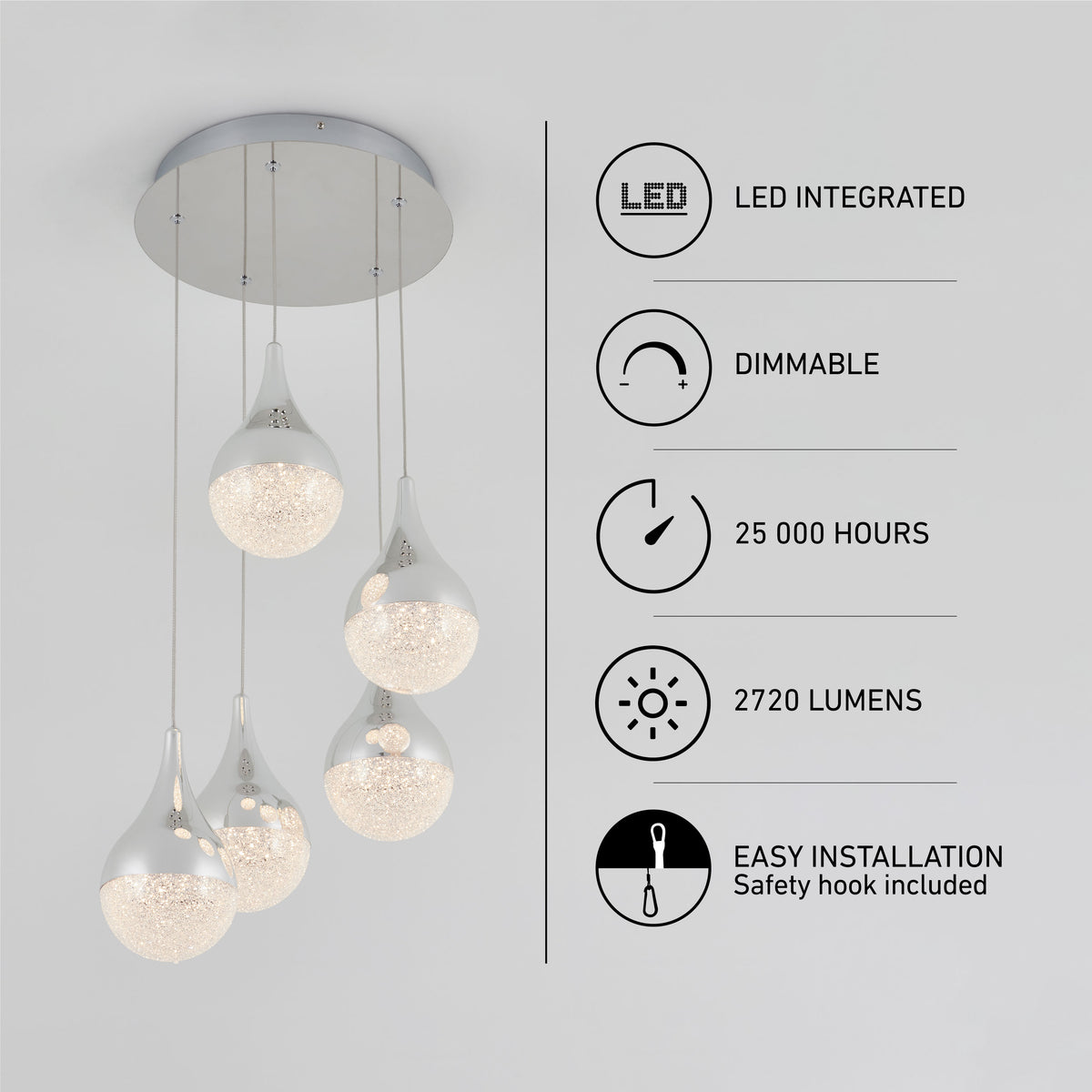 A modern ceiling light fixture with five hanging glass pendants, shown next to icons and text highlighting features: LED integrated, dimmable, 25,000 hours, 2720 lumens, and easy installation.