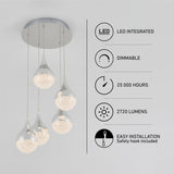 A modern ceiling light fixture with five hanging glass pendants, shown next to icons and text highlighting features: LED integrated, dimmable, 25,000 hours, 2720 lumens, and easy installation.
