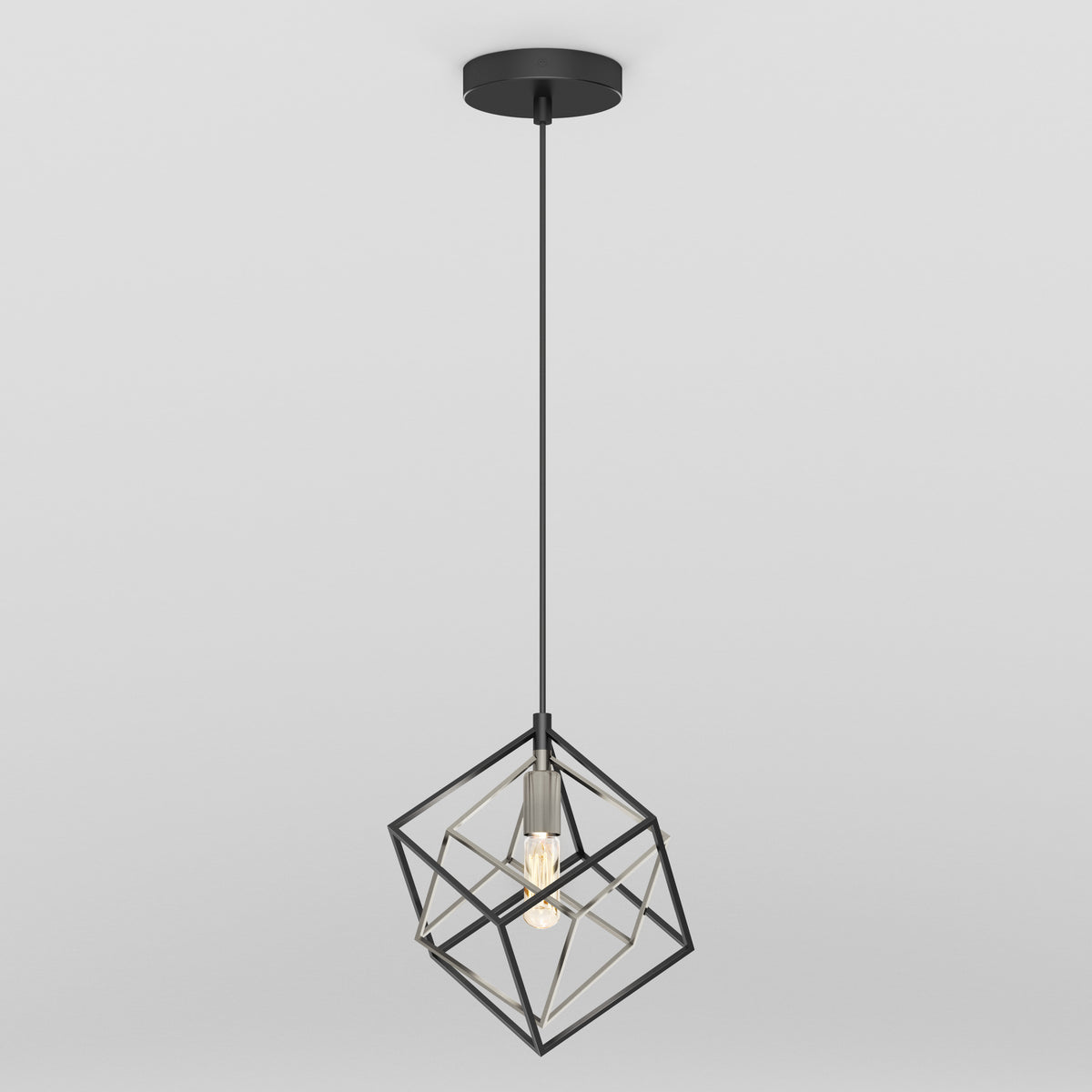 The Imperium Single pendant light by Artika features a geometric open metal cube frame with an exposed bulb and a black cord and ceiling mount, photographed against a plain white background.
