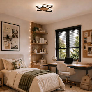 Cozy bedroom with wood shelves, plants, photos, string lights, and Artika Atomic 15" Modern LED Flush Mount Ceiling Light 5 CCT.