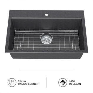 Artika Baycrest 33 in. black sink: single bowl, wire rack, center drain, 10mm radius corners, easy-to-clean.