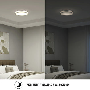 Bedroom with Artika’s Hemisphere 15 in. LED ceiling light, shown bright on left and dim as a night light on right above the bed.