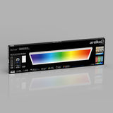 A rectangular box for an Artika Skyshade 1 smart ceiling light, featuring a colorful LED panel image, product details, and icons displaying features like Wi-Fi control and color customization.