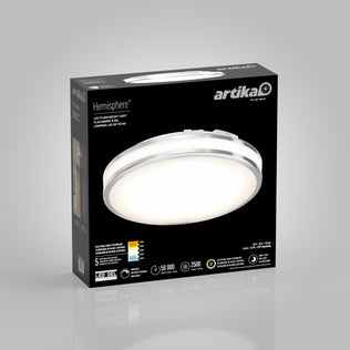 Box for Artika Hemisphere 15 in. Modern LED Flush Mount Ceiling Light 5 CCT, with lit fixture and product info on a gray background.