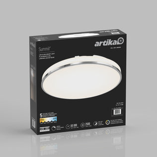 Black box displays Artika Summit 15 in. LED Flush Mount 5CCT ceiling light with key specs and 5CCT options on the front.