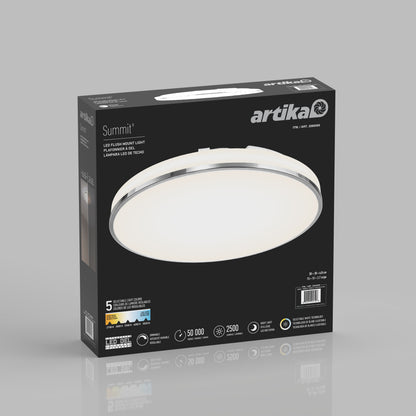 Black box displays Artika Summit 15 in. LED Flush Mount 5CCT ceiling light with key specs and 5CCT options on the front.