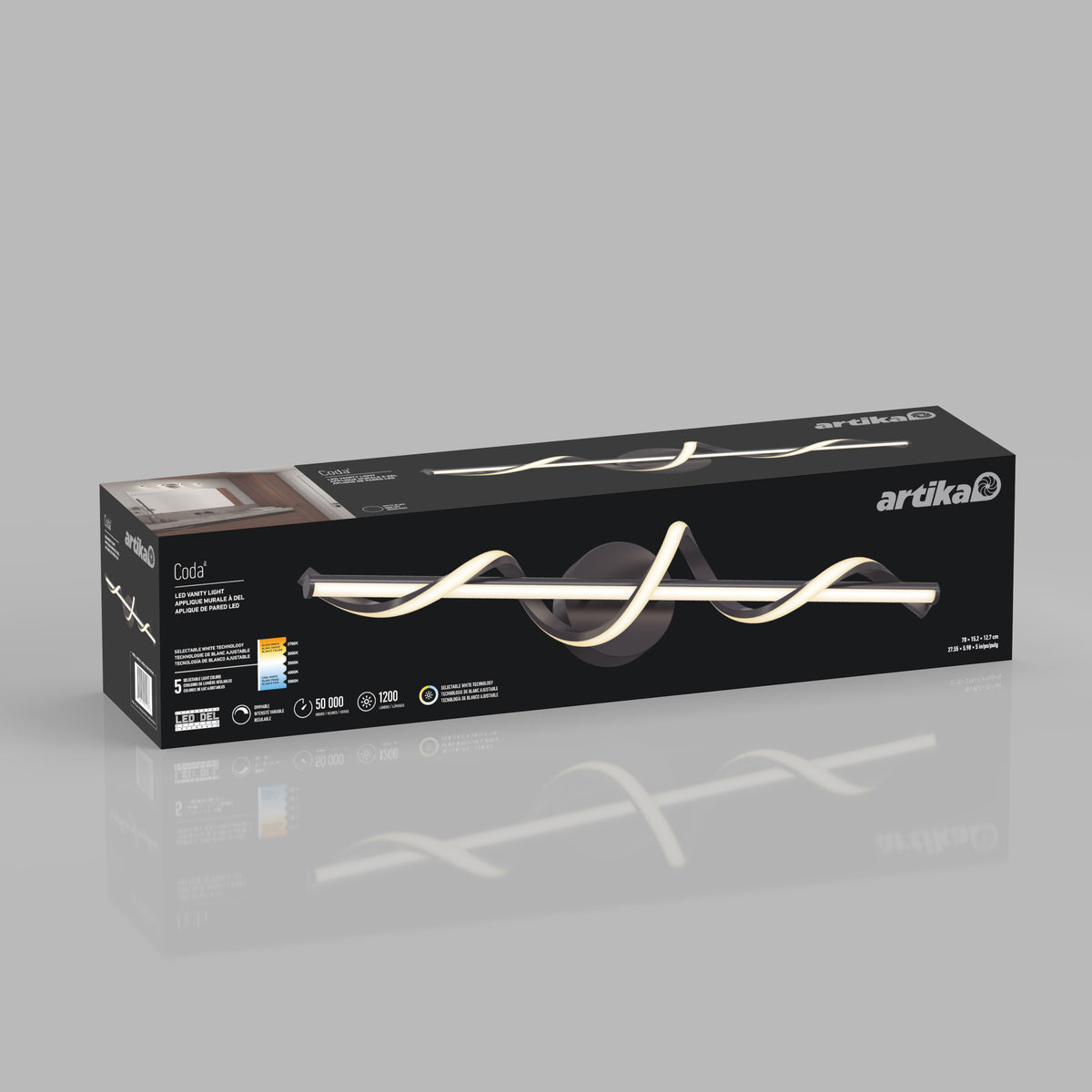 Rectangular product box for the Artika Coda LED light fixture, featuring an image of the modern, wave-shaped lamp on the front, with product information, icons, and the Artika logo visible.
