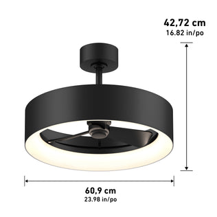 The Aiden 24 in. LED modern ceiling fan by Artika features a circular black design, integrated LED light ring, remote control, and 3 speeds. It measures 42.72 cm high and 60.9 cm (23.98 in) in diameter.