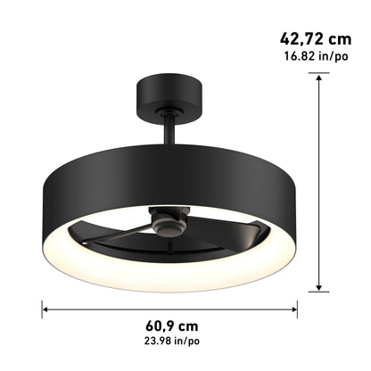 The Aiden 24 in. LED modern ceiling fan by Artika features a circular black design, integrated LED light ring, remote control, and 3 speeds. It measures 42.72 cm high and 60.9 cm (23.98 in) in diameter.