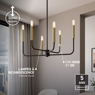 Artika Manchester 6-light pendant in black/gold with adjustable height, integrated LED, and a 5-year warranty.