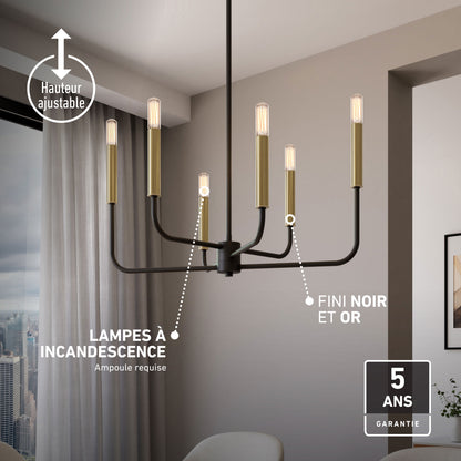 Artika Manchester 6-light pendant in black/gold with adjustable height, integrated LED, and a 5-year warranty.