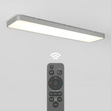 A rectangular ceiling LED light glows above a remote control, with a Wi-Fi symbol between them, indicating wireless control of the light. The remote features various buttons for brightness and color settings.