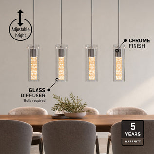 Artika’s Bubble Flow 4-light LED pendant features glass diffusers, chrome finish, modern look, and comes with a 5-year warranty.