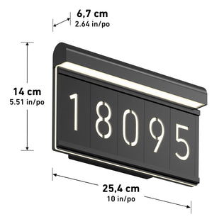 The Artika Bowen Modern LED Outdoor Address Wall Light 5 CCT features white illuminated numbers "18095" on a black rectangular plaque (25.4 x 14 x 6.7 cm), with a built-in top light and measurements shown in both cm and inches.