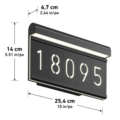 A black rectangular house number sign with white backlit numbers 18095, measuring 25.4 cm wide, 14 cm high, and 6.7 cm deep. Dimensions are shown with both centimeters and inches.