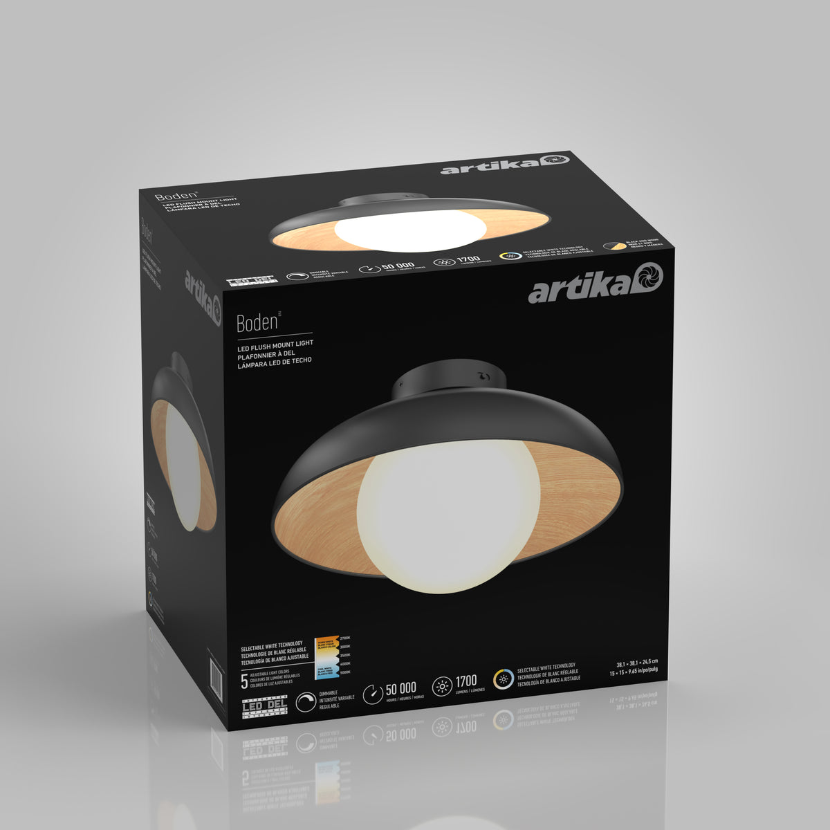 A box containing an Artika Boden LED flush mount ceiling light is shown. The box features an image of the light fixture, which has a black rim, wood accent, and a white globe. Product specifications are printed on the box.