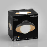 A box containing an Artika Boden LED flush mount ceiling light is shown. The box features an image of the light fixture, which has a black rim, wood accent, and a white globe. Product specifications are printed on the box.