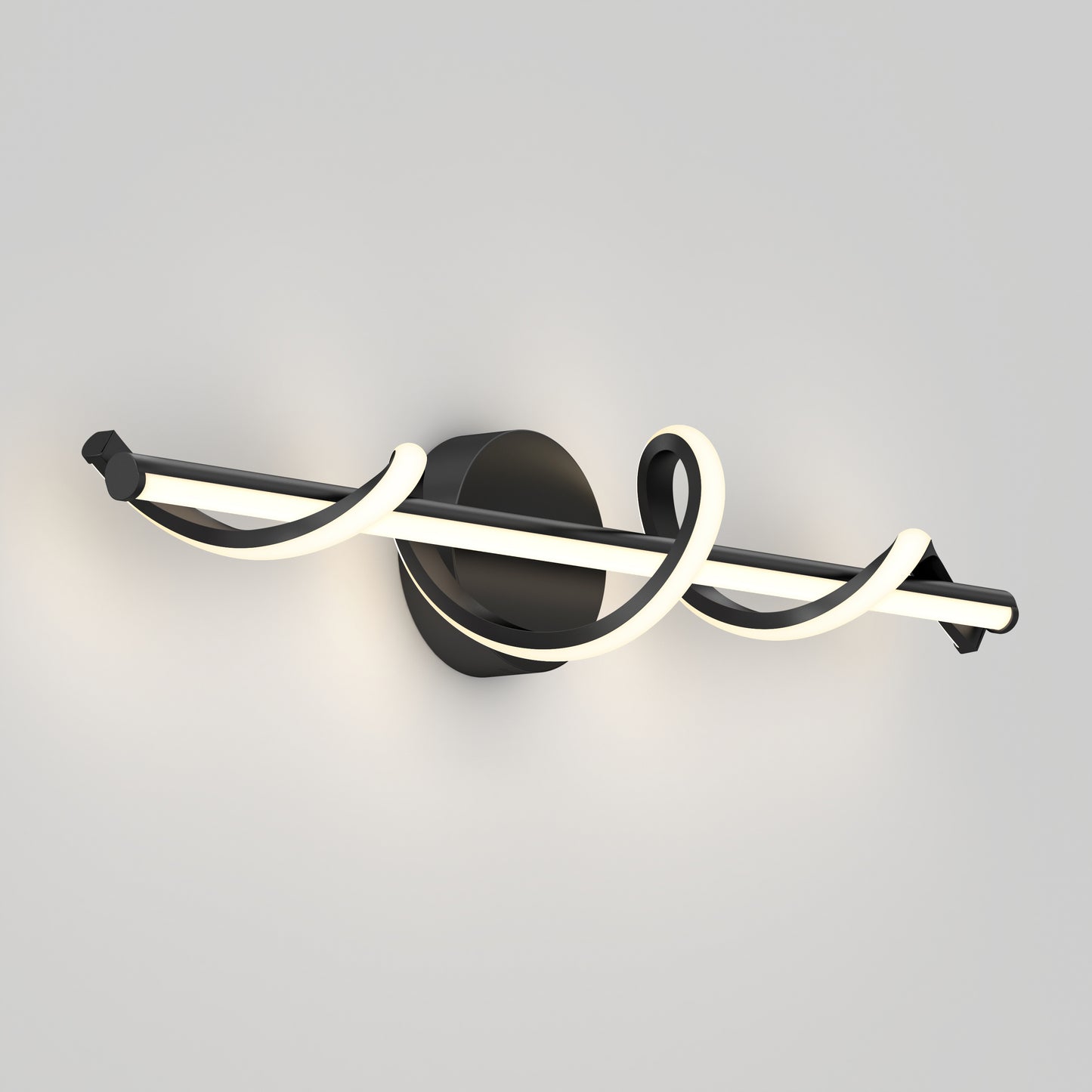 The Artika Coda 27-in Integrated LED 5-CCT Vanity Light Bar features a modern black base and two intertwined, glowing LED bars in an artistic loop, perfect for adding style to any bathroom wall.
