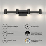 A modern black wall light fixture with four cylindrical LED lights. Text highlights features: LED integrated, up to 50,000 hours life, dimmable, 1200 lumens, easy installation, and selectable white technology.