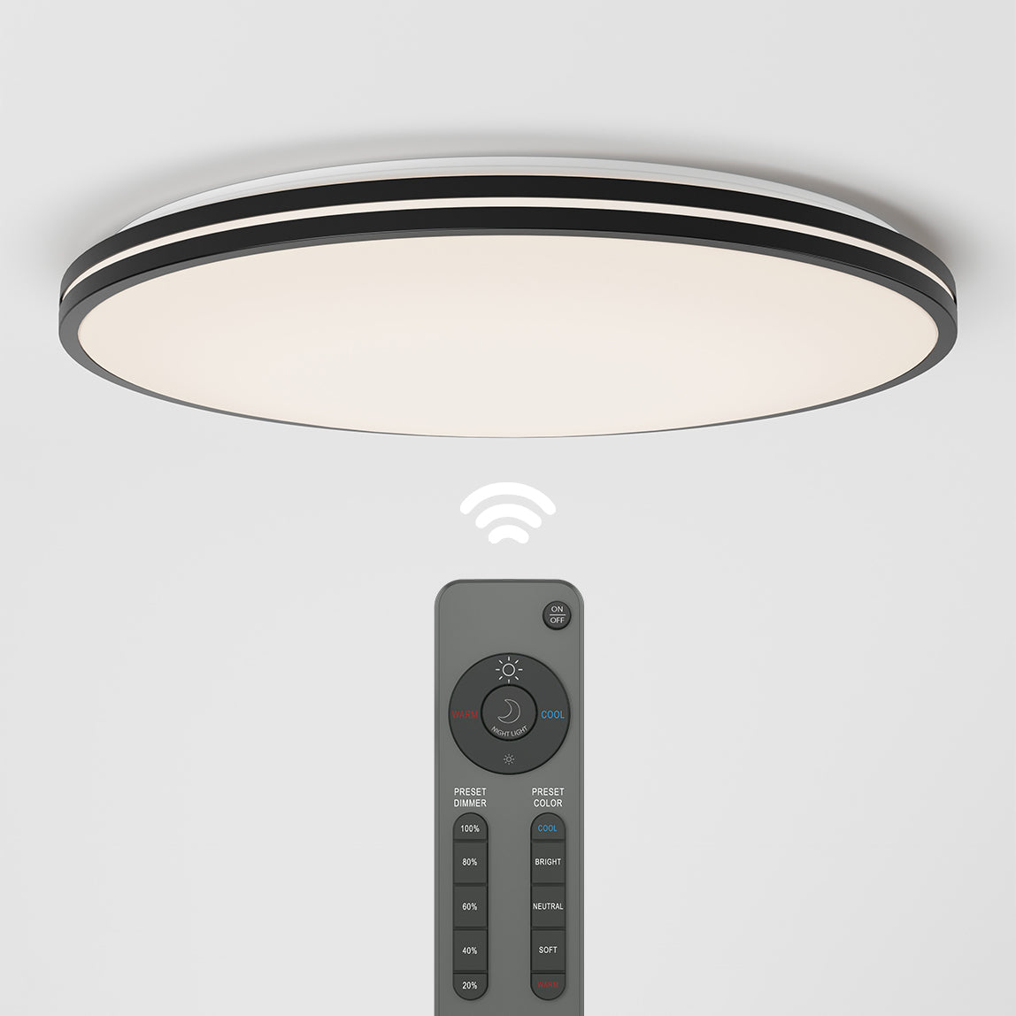 A round, modern ceiling light is mounted on a white ceiling, with a remote control positioned below it. A wireless signal icon is shown between the light and the remote, indicating remote operation.