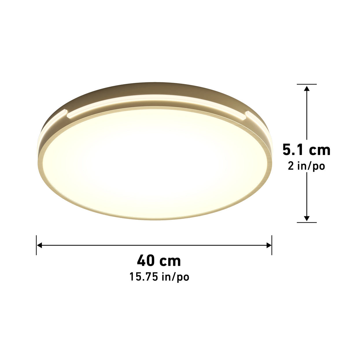 The Artika Delray 15.7 in. LED modern flush mount light offers a soft glow and features labeled dimensions: 40 cm (15.75 in.) diameter, 5.1 cm (2 in.) height, with selectable color temperatures (5 CCT).