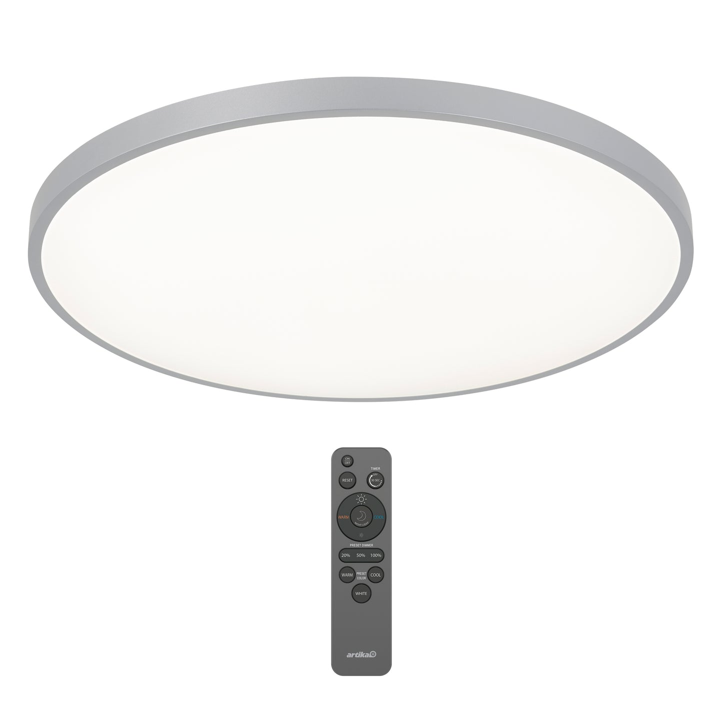 The Artika Europa 21 in. LED modern flush mount light features a silver rim and emits a bright, even glow. It comes with a black remote control for easy operation.