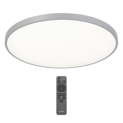 The Artika Europa 21 in. LED modern flush mount light features a silver rim and emits a bright, even glow. It comes with a black remote control for easy operation.