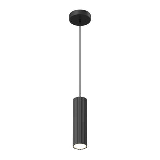 The Artika Groove LED modern pendant light features a cylindrical, vertically ridged black shade hanging from a thin black cord and round ceiling mount, shown isolated on a white background. Includes 3 CCT color settings.