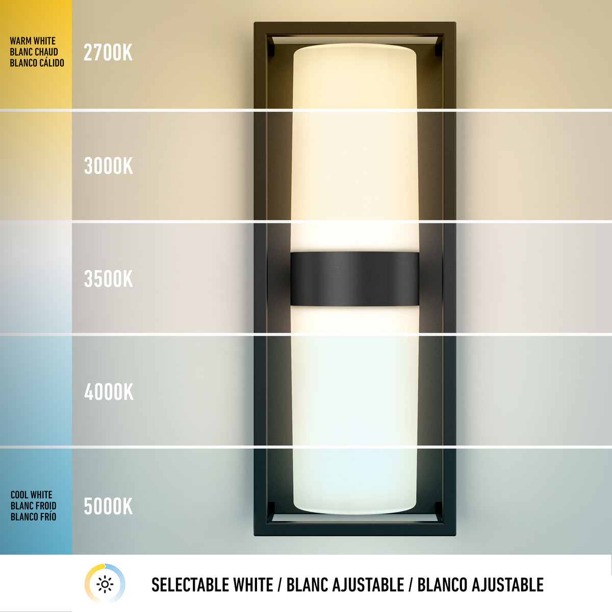 Wall-mounted light fixture with five vertical panels, each showing a different color temperature from warm white (2700K) at the top to cool white (5000K) at the bottom, labeled in English, French, and Spanish.