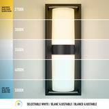 Wall-mounted light fixture with five vertical panels, each showing a different color temperature from warm white (2700K) at the top to cool white (5000K) at the bottom, labeled in English, French, and Spanish.