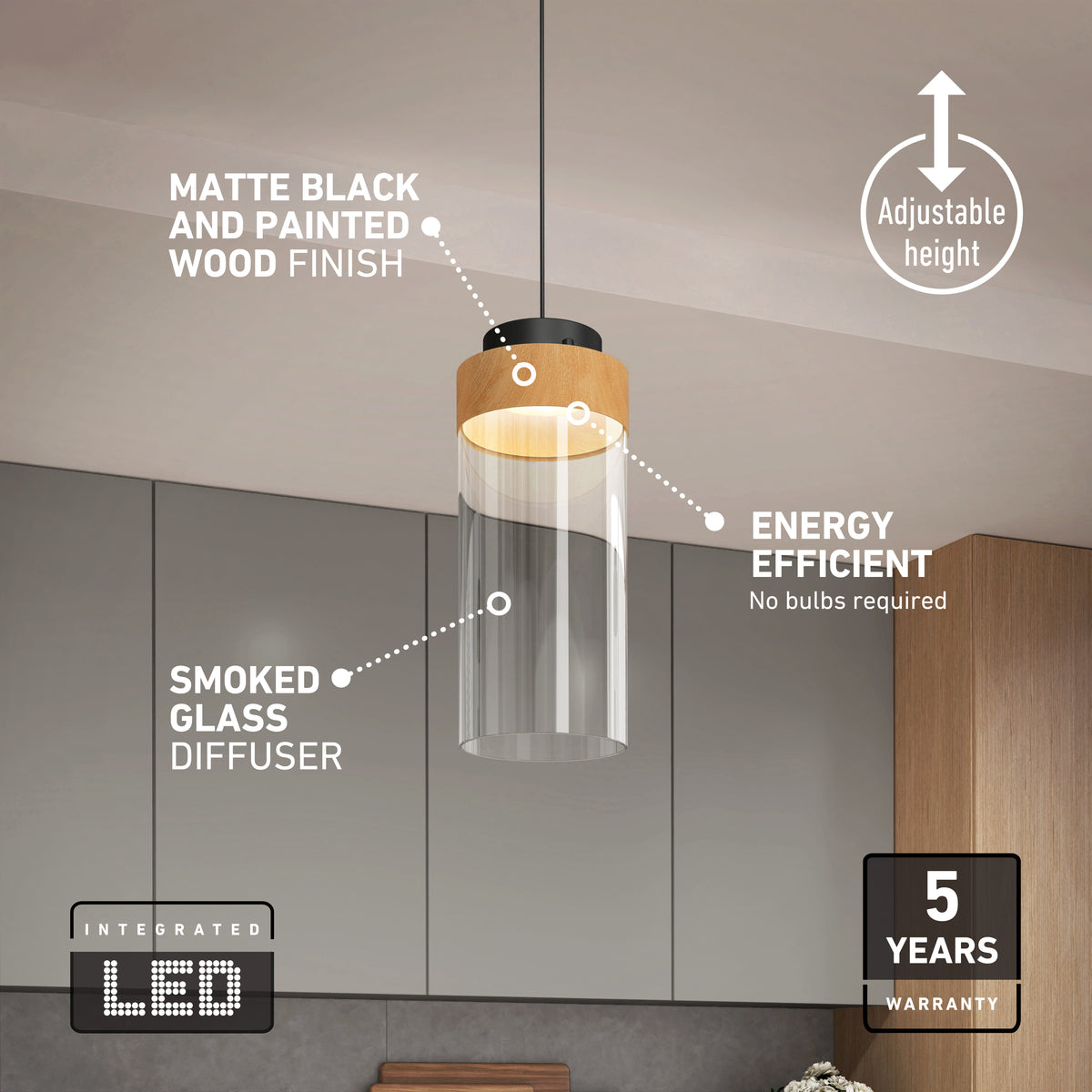 The Artika Hanson 1-light LED pendant features a wooden and matte black finish, smoked glass diffuser, adjustable height, energy efficiency, 5 CCT selectable integrated LED, and a 5-year warranty. Shown installed in a kitchen.