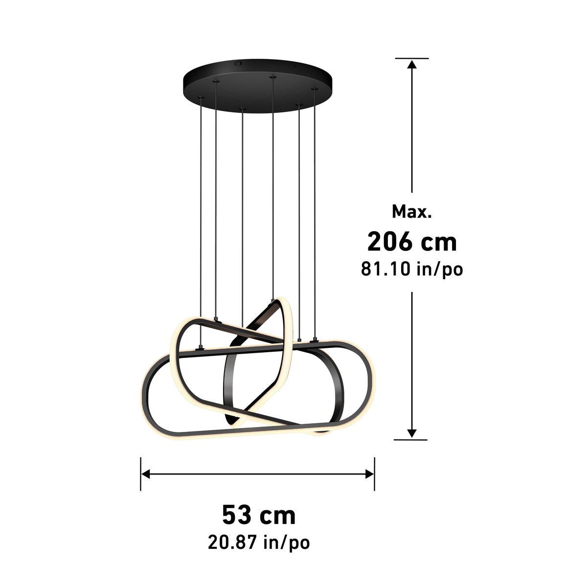 Modern black and gold ceiling pendant light with abstract, looping design. Maximum hanging length is 206 cm (81.10 in), and width is 53 cm (20.87 in). Four cables suspend the fixture from a round ceiling mount.