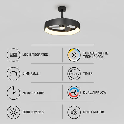 Austin 23 in. (59 cm) LED modern fandelier ceiling fan in black with a circular LED light, remote control, and icons for dimming, timer, and airflow.