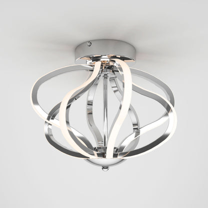 The Artika Meridian LED flush mount light features curved chrome-finished metal arms and integrated LED strips, creating a sculptural, spherical design that stands out against a plain white ceiling.