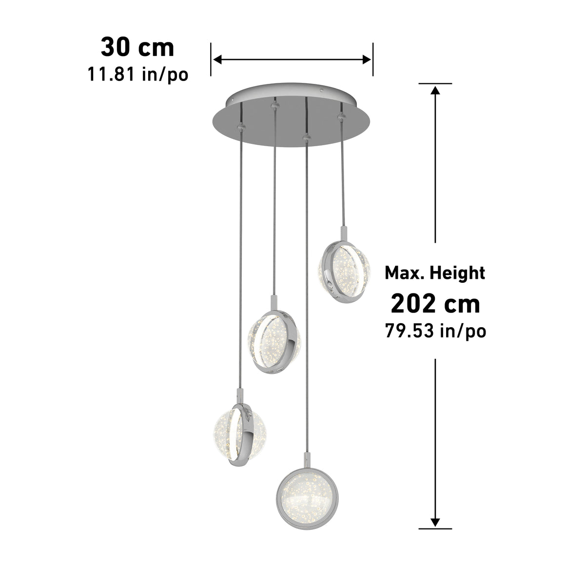 The Artika Avalon 4-light LED pendant features four circular lights suspended at varying lengths from a round base. Dimensions: 30 cm (11.81 in.) diameter, max height 202 cm (79.53 in.).