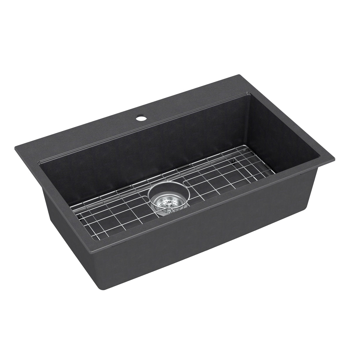 Artika Baycrest 31 in. Modern Sink: rectangular black single bowl with metal grid and one faucet hole.