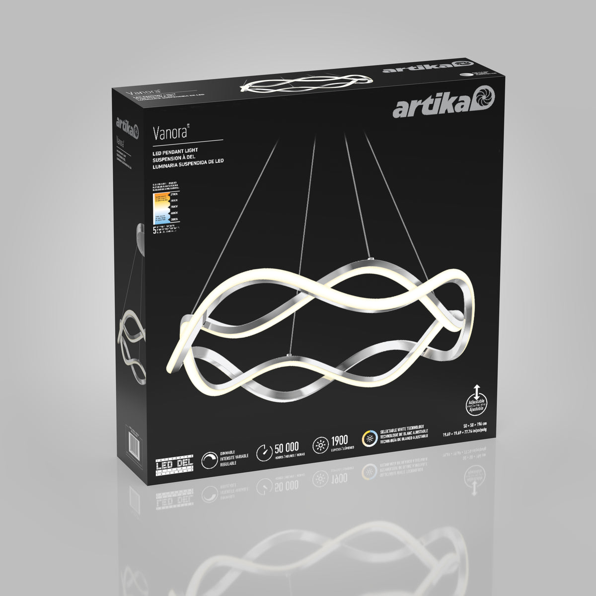 A black Artika box displays the Vanora LED pendant light 5 CCT as a modern, white, intertwined wave design, with product details and logos arranged around the packaging.