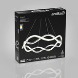 A black product box featuring the Artika Vanora LED pendant light, with an image of the modern, wavy, intertwining LED fixture displayed prominently on the front against a plain gray background.