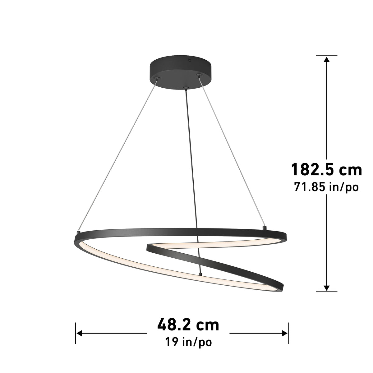 The Salto LED pendant light by Artika features a modern black spiral design, suspended by three wires. It measures 182.5 cm (71.85 in) in height and 48.2 cm (19 in) wide, emitting a soft glow from its inner curve.