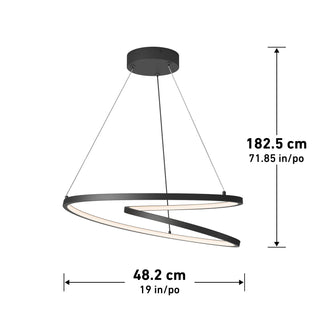 The Salto LED pendant light by Artika features a modern black spiral design, suspended by three wires. It measures 182.5 cm (71.85 in) in height and 48.2 cm (19 in) wide, emitting a soft glow from its inner curve.
