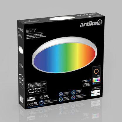 Artika Isara 15 in. RGBIC LED ceiling light box shows color-changing fixture and app control on the front.