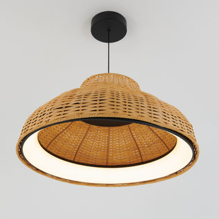The Raina LED pendant light by Artika features a wide woven rattan dome shade and hangs from a sleek black ceiling fixture, softly illuminating its interior against a plain white background.